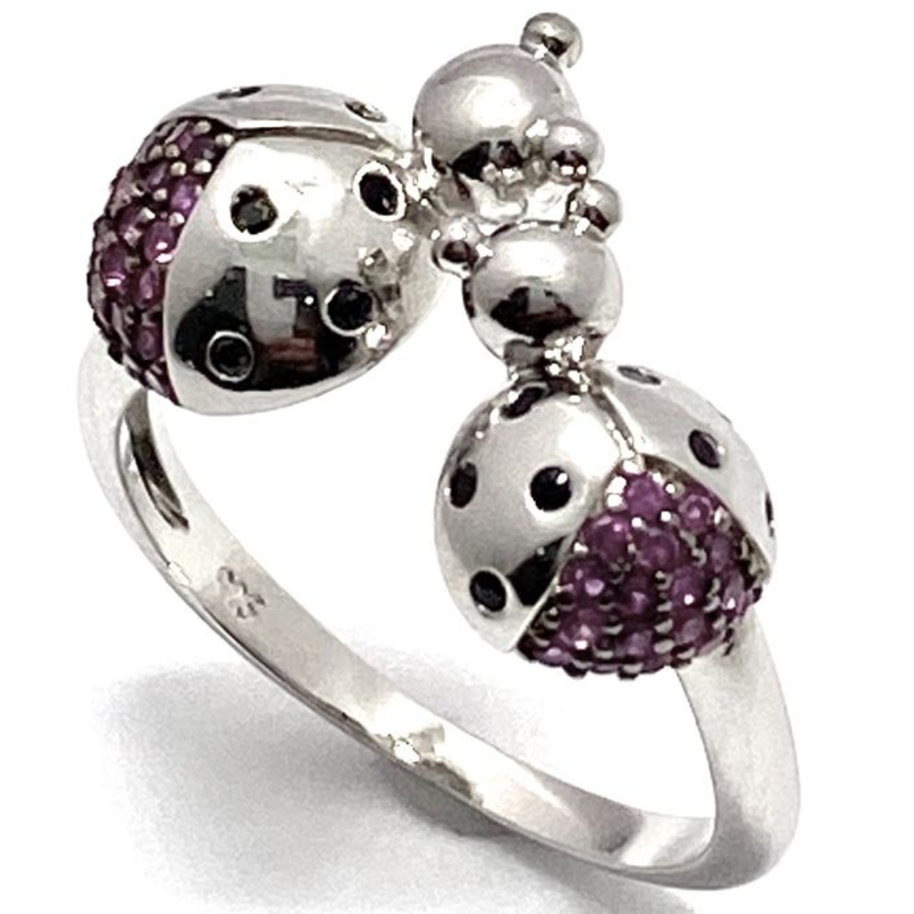 Lady Bugs Ring - 925 SS White Gold Overlay & Ruby - Picture 2 of 12